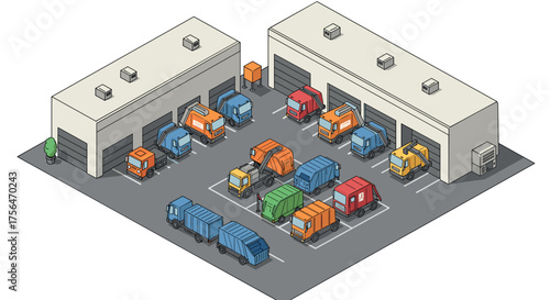 Isometric urban garage with colorful trucks and containers in a cityscape set…