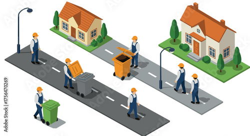 Isometric workers collecting waste on streets with houses and bins
