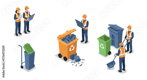 Isometric workers managing waste and recycling with bins and safety equipment