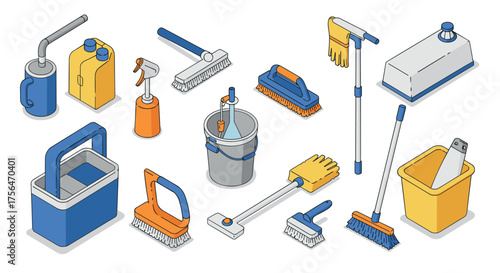 Isometric cleaning tools set with brushes, buckets, and supplies in blue and…