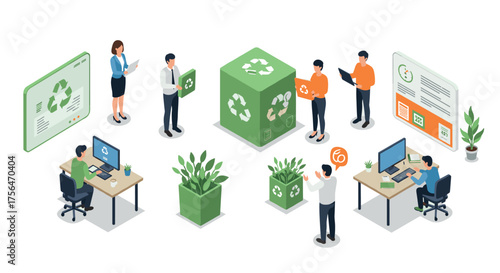Eco-friendly isometric office concept with recycling and technology integration
