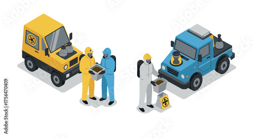 Isometric hazmat team with trucks in biohazard scenario