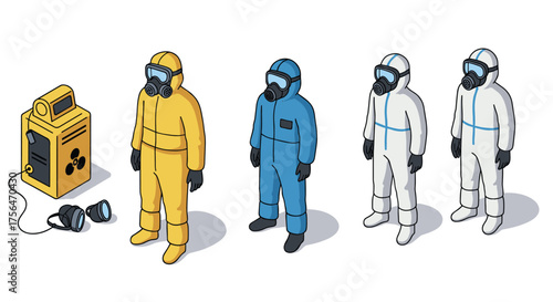 Isometric characters in hazmat suits with protective equipment