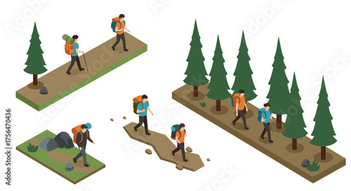 Isometric hiking: exploring forest trails with adventurous characters