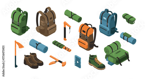 Hiking gear isometric set featuring backpacks, boots, and camping equipment