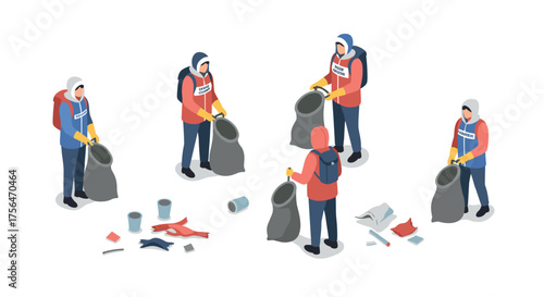 Community cleanup volunteers collecting litter in isometric style