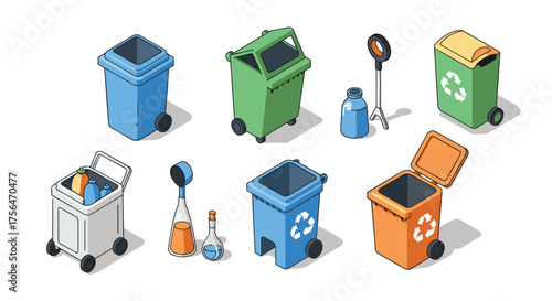 Colorful isometric recycling bins and waste sorting tools for eco-friendly pr…