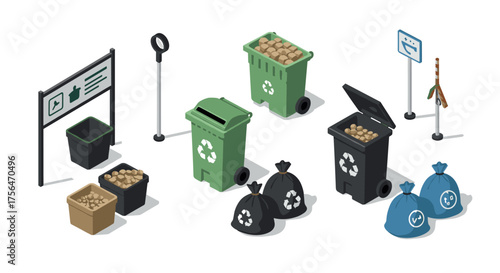 Isometric recycling scene with garbage bins and bags for waste management