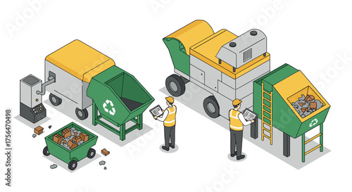 Eco-friendly waste management machines with workers in isometric design