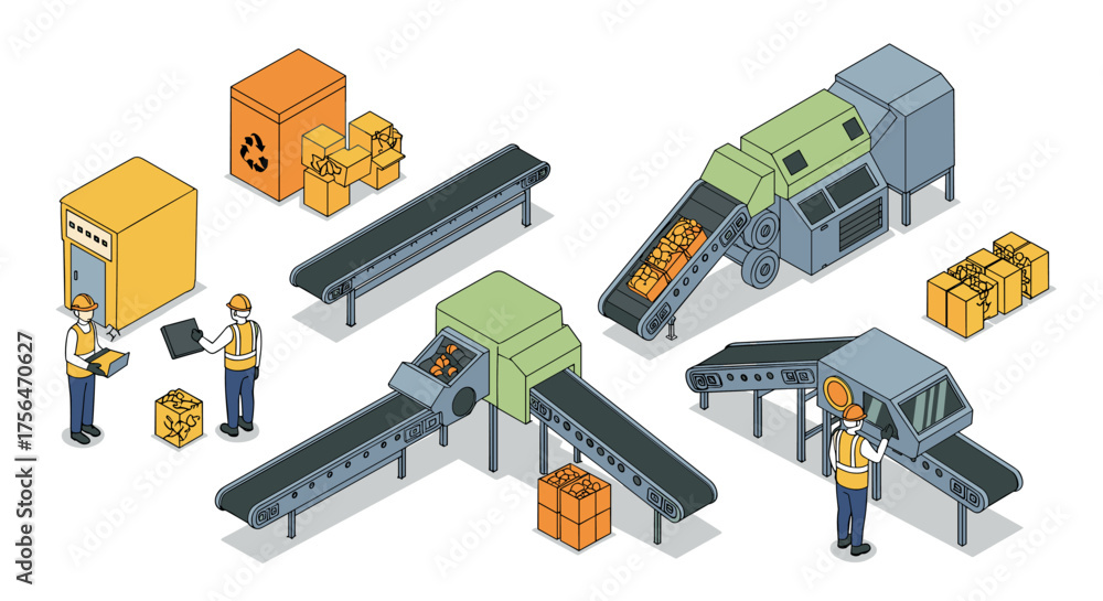 Obraz premium Isometric recycling conveyor system with workers and packaging