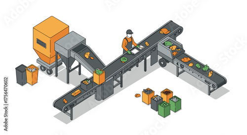 Modern isometric recycling plant with worker on conveyor belt