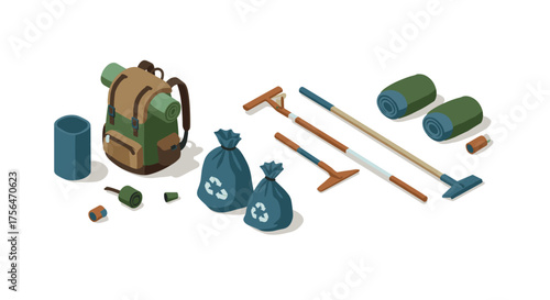 Isometric camping gear and cleanup tools for outdoor enthusiasts