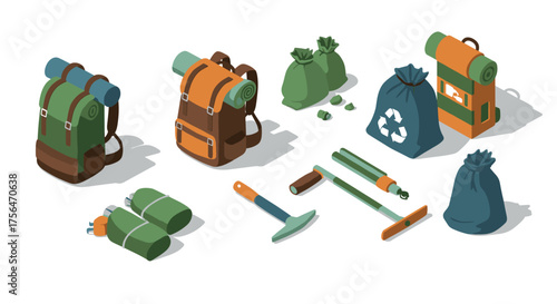 Eco-friendly hiking gear in isometric style: backpacks, sleeping bags, and ca…
