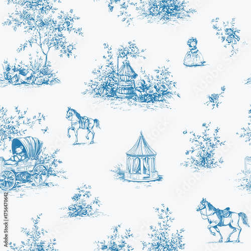 Baby Theme Blue Toile Christmas Seamless Pattern 13 with Horses and Dolls. Editable Vector 
Vintage blue toile engraving style vector seamless pattern. Hand-drawn baby theme design featuring toy horse