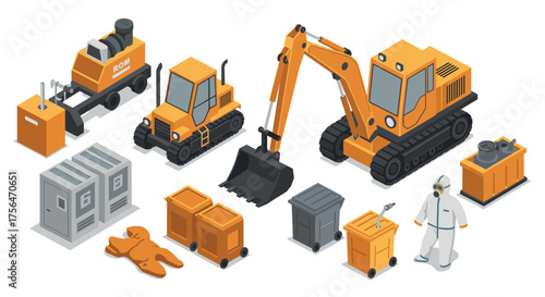 Construction equipment and worker in isometric design for industrial projects