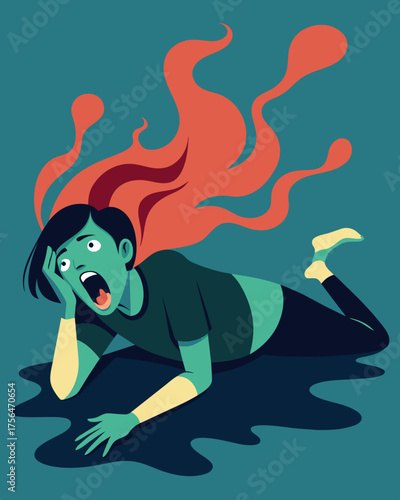 A person lying on the ground their face contorted in a silent scream their trauma pouring out in waves.. Vector illustration