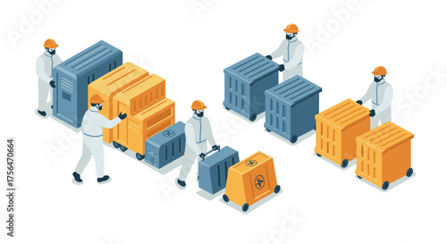 Industrial workers organizing waste containers in isometric style scene