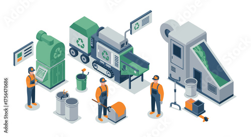 Isometric recycling plant with workers and machinery in action