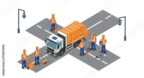 Isometric roadwork scene with construction crew and garbage truck