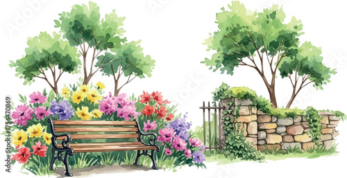 Create Trees, bench and part of stone fence, floral garden set, watercolor isolated illustration for your design textile, nature print, summer postcards or wallpaper.