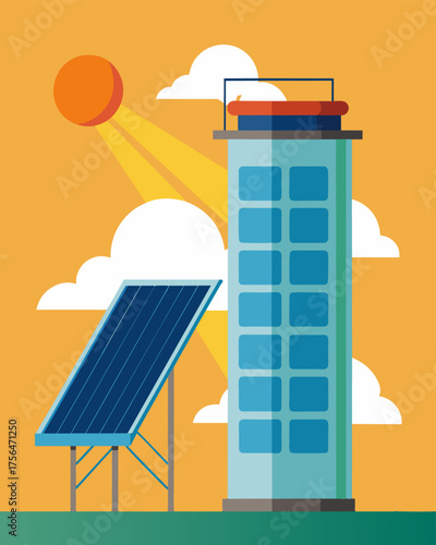 A tingedge solarpowered heating system for highrise buildings designed to integrate seamlessly with modern architecture while providing reliable warmth.. Vector illustration
