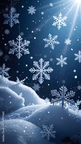 Snowy scene with floating detailed snowflakes, illuminated by sun rays over a snow drift