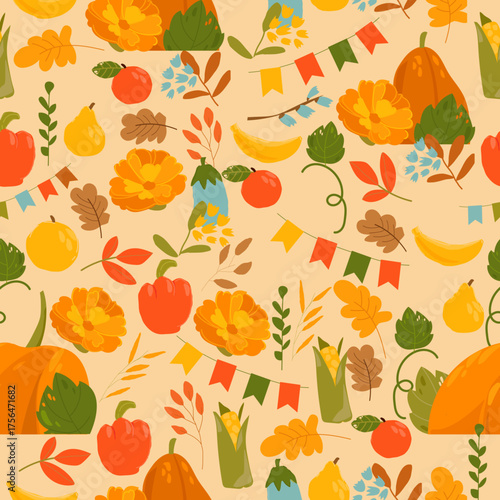 Seamless Pattern With Autumn Leaves, Vegetables and Pumpkins