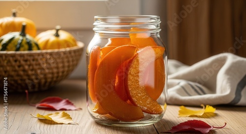 Pumpkin slices in glass jar with autumn leaves on wooden table  