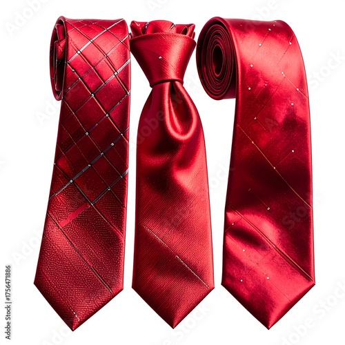 Three vibrant red ties in distinct patterns, displayed against a white background