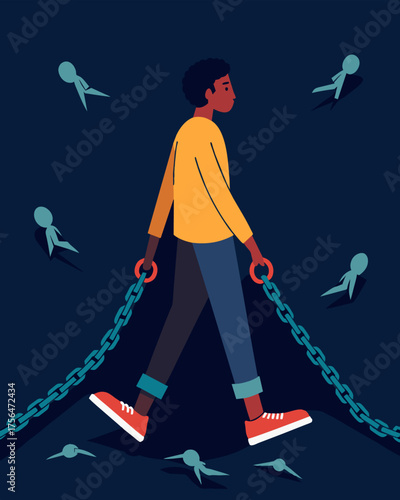A person walked down a crowded street but the chains around their feet made it hard to move forward. Each link was adorned with a negative phrase weighing them down with selfdoubt. Vector illustration