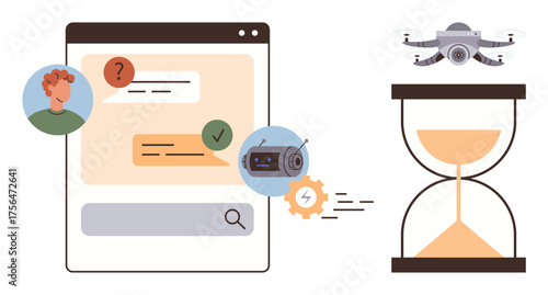 AI chatbot in a browser window answering queries, delivery quadcopter in motion, and hourglass tracking time. Ideal for tech, efficiency, automation, time-saving, innovation, AI and productivity