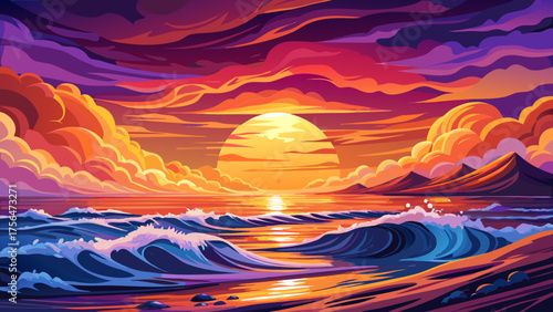 Very beautiful breathtaking sunset with waves crashing on the shore, vibrant orange and purple sky, and a dramatic ocean scene filled with motion, color, and peaceful energy.