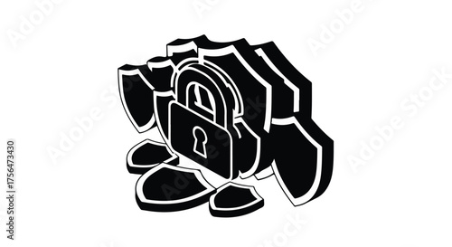 Digital security concept with layered shields protecting a central padlock icon