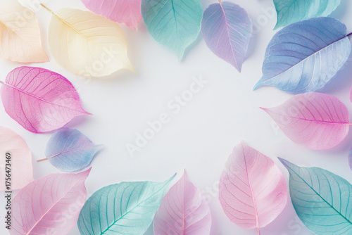 Delicate pastel skeleton leaves arranged in circular frame on soft background. Botanical composition with copy space, for natural design projects, invitations, cosmetics branding, or minimal templates