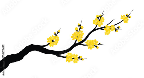 Vector illustration of a delicate branch with vibrant yellow blossoms, symbolizing spring and renewal