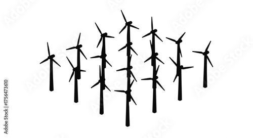 Silhouette of multiple wind turbines against a clean white background, symbolizing renewable energy and environmentalism.