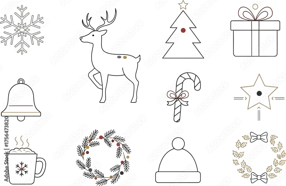Fototapeta premium Christmas icon set vector illustration cartoon drawing silhouette design holiday doodle gift hat book robot art coloring sketch symbol love fashion