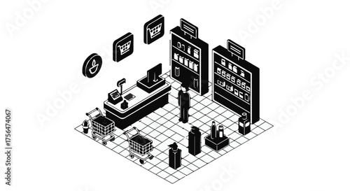 Isometric illustration of a modern supermarket interior with aisles, checkout counter, and shopping carts.