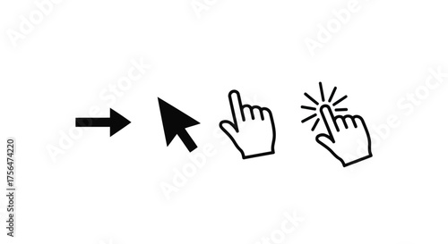 Vector illustration of cursor icons showing progression from arrow to hand pointer clicking