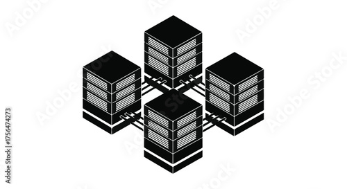 Four interconnected server racks arranged in a modern, abstract digital network.