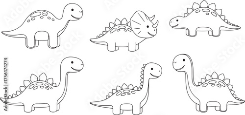 cartoon cute dinosaur outlines. line art for coloring book page, educational activity, nursery decoration, birthday party theme, kids' craft project. vector illustrations isolated on white background