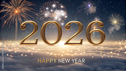 Happy New Year 2026 – Golden Fireworks Celebration, Luxury Festive Night, Sparkling Party Art & Digital Greeting Design