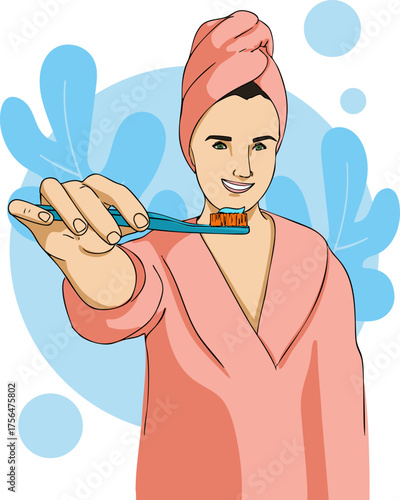 A girl is brushing her teeth. Morning routine. Vector illustration.