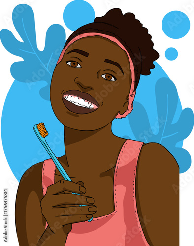 A girl is brushing her teeth. Morning routine. Vector illustration.