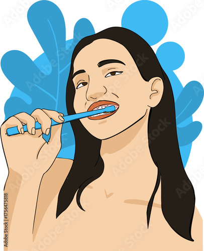 A girl is brushing her teeth. Morning routine. Vector illustration.