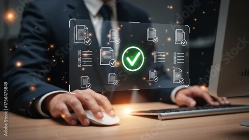 Professional businessman reviews digital documents and approves checklist items with glowing verification icons on futuristic screen