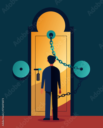 A person standing in front of a closed door the handle and keyhole encased in chains representing the barriers and obstacles that mental chains can create.. Vector illustration