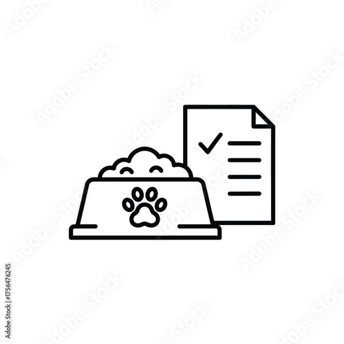 Pet Food Bowl Nutrition Diet Veterinary Document Checkmark Mark Outline Icon Art