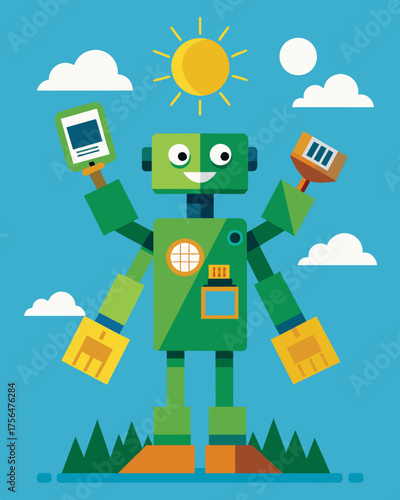 A thoughtprovoking sculpture made from recycled electronics and powered by solar energy highlighting the impact of ewaste on the environment.. Vector illustration