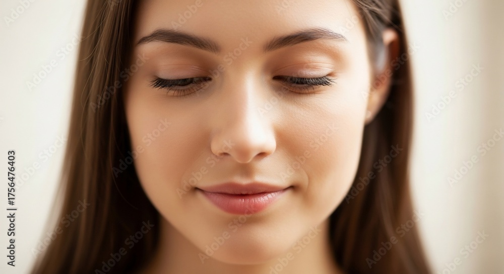 Obraz premium Inner Peace: A serene face of a young woman is captured with eyes closed, embodying tranquility and introspection, radiating calmness and serenity.